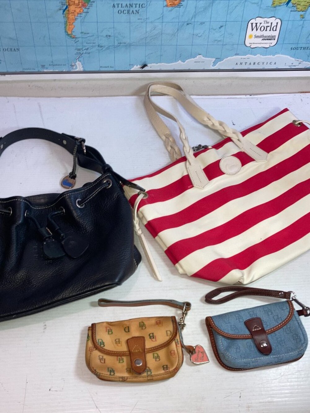 Dooney Bourke Pebble Leather Satchel Nylon Striped Tote  2 Wallet Pouches LOT OF